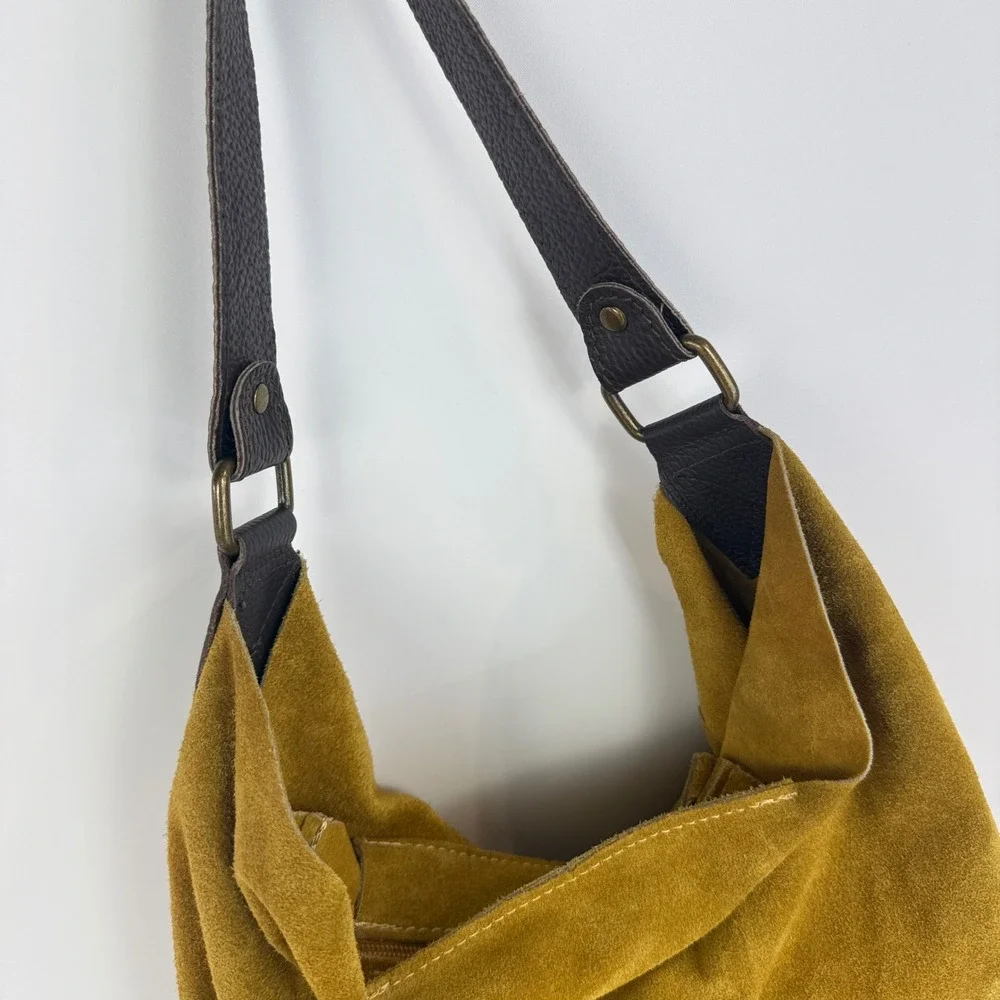 Moda in Italia Hobo Bag Tote Womens Mustard Yellow Suede Leather Slouchy Zip